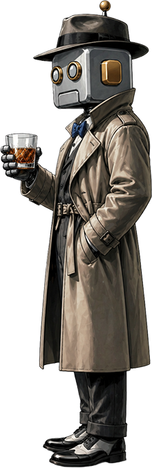 The Filmologist — a noir-style character in trench coat and fedora, holding a glass of bourbon