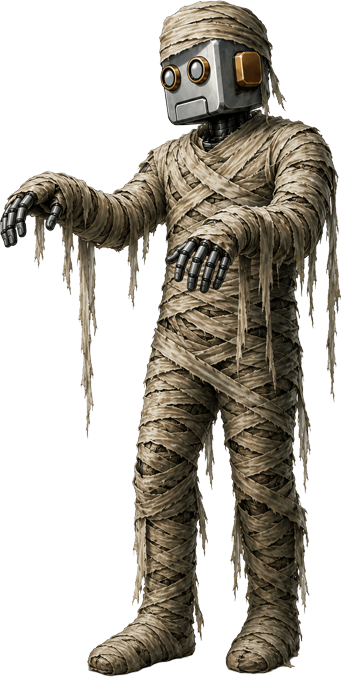 The Filmologist, a retro-robot bartender wrapped as a mummy, holding a whiskey cocktail